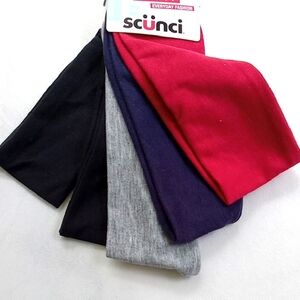 NEW.   5 STRETCH HEADWRAPS BY SCUNCI - RED, NAVY BLUE, GRAY AND 2 BLACK.